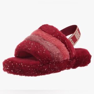 UGG Girls' Fluff Yeah Metallic Sparkle Slipper, in red multi